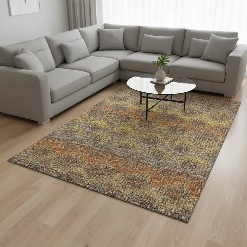 Burnt Sienna Gold And Gray Abstract Washable Area Rug With UV Protection Photo 3