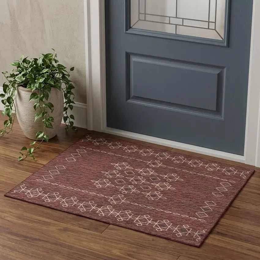 Burnt Sienna Ivory And Black Tribal Washable Area Rug With UV Protection Photo 1