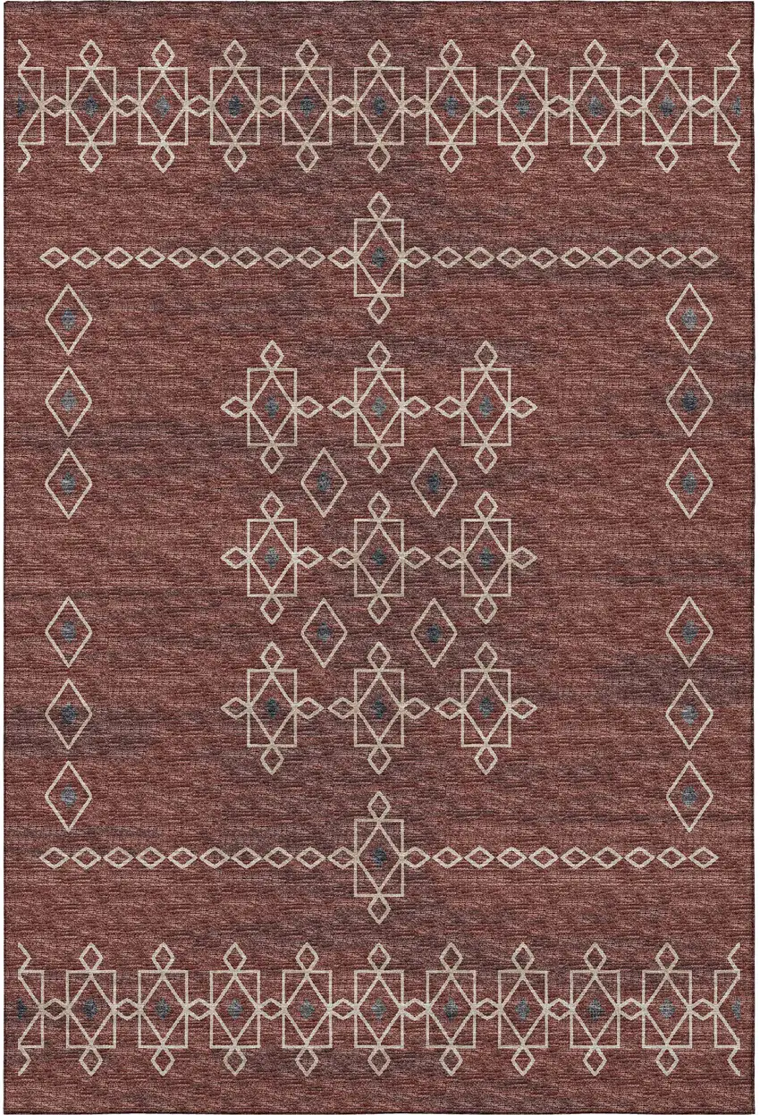 Burnt Sienna Ivory And Black Tribal Washable Area Rug With UV Protection Photo 5