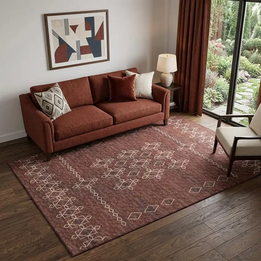 Burnt Sienna Ivory And Black Tribal Washable Area Rug With UV Protection Photo 1