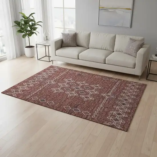 Burnt Sienna Ivory And Black Tribal Washable Area Rug With UV Protection Photo 1