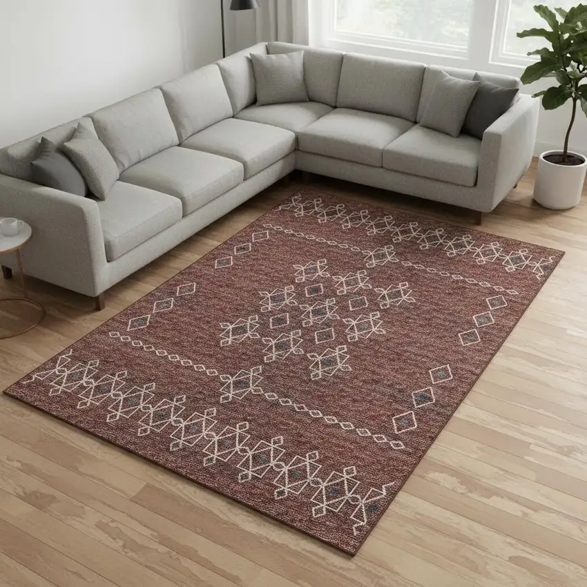 Burnt Sienna Ivory And Black Tribal Washable Area Rug With UV Protection Photo 1