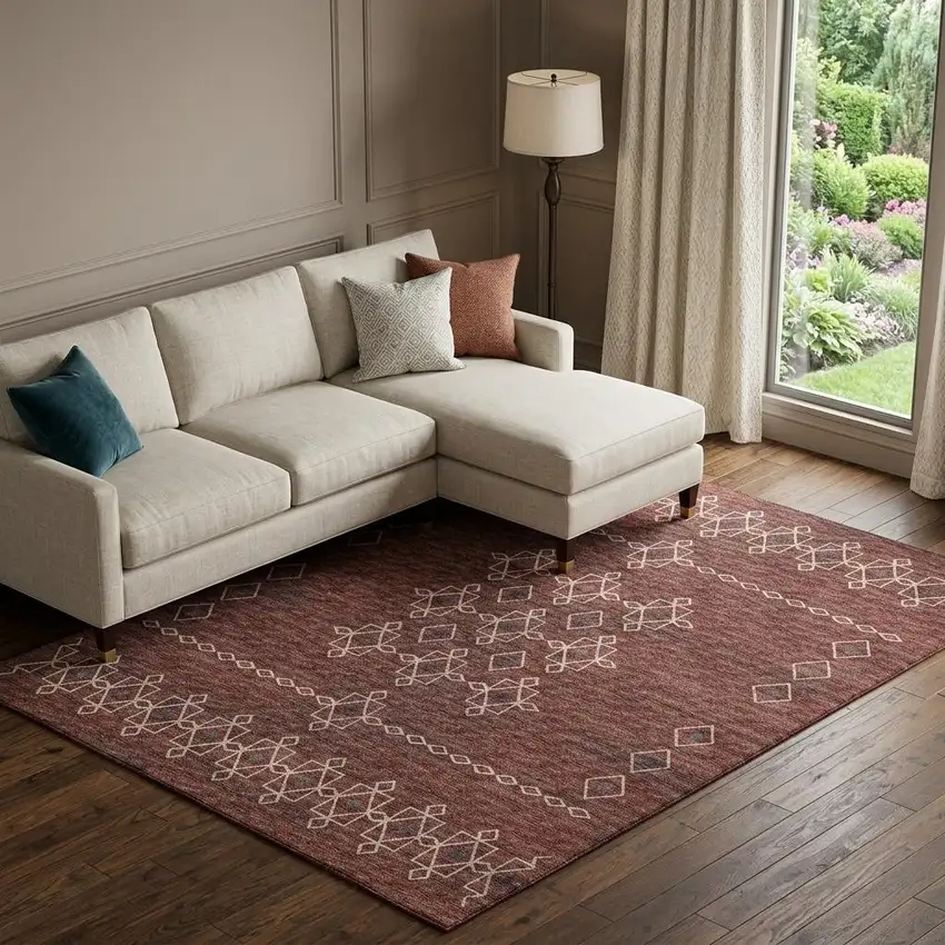 Burnt Sienna Ivory And Black Tribal Washable Area Rug With UV Protection Photo 1