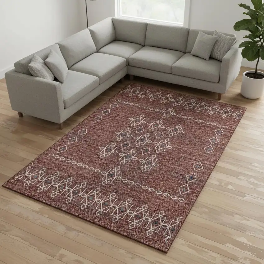 Burnt Sienna Ivory And Black Tribal Washable Area Rug With UV Protection Photo 1