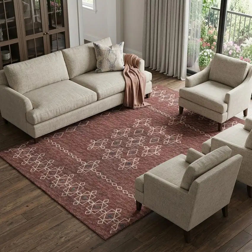 Burnt Sienna Ivory And Black Tribal Washable Area Rug With UV Protection Photo 1