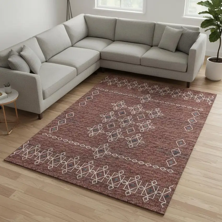 Burnt Sienna Ivory And Black Tribal Washable Area Rug With UV Protection Photo 1