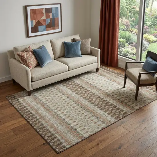 Burnt Sienna Ivory And Blue Tribal Distressed Washable Area Rug With UV Protection Photo 1