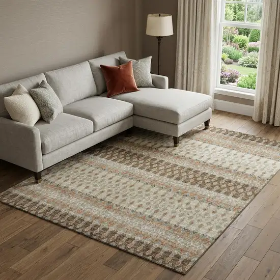 Burnt Sienna Ivory And Blue Tribal Distressed Washable Area Rug With UV Protection Photo 1