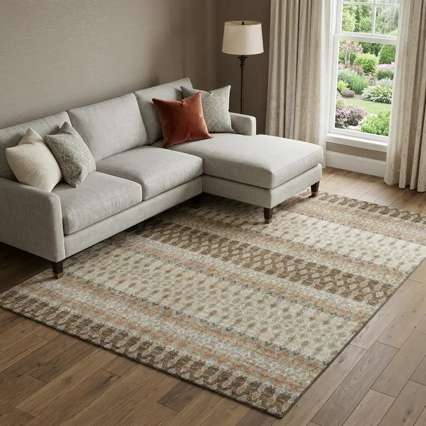 Burnt Sienna Ivory And Blue Tribal Distressed Washable Area Rug With UV Protection Photo 1