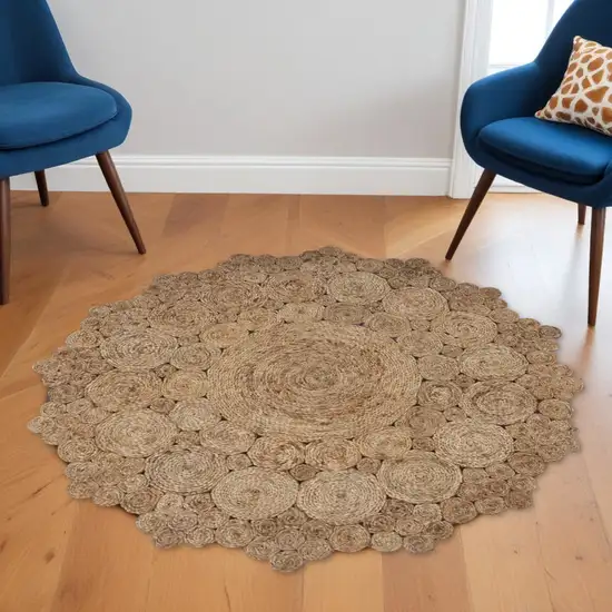 6' Natural Jute Abstract Geometric Hand Braided Round Rug Photo 1