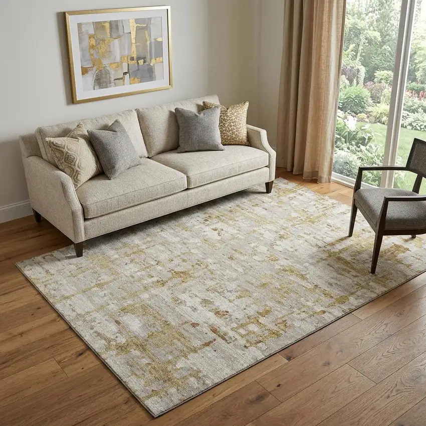 Camel And Ivory Abstract Distressed Washable Area Rug With UV Protection Photo 1