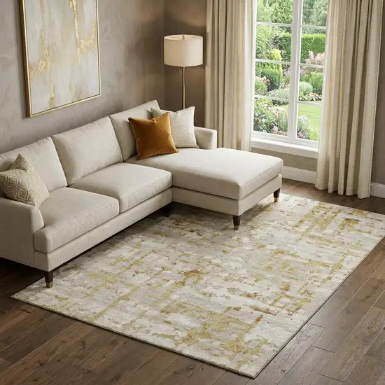 Camel And Ivory Abstract Distressed Washable Area Rug With UV Protection Photo 1