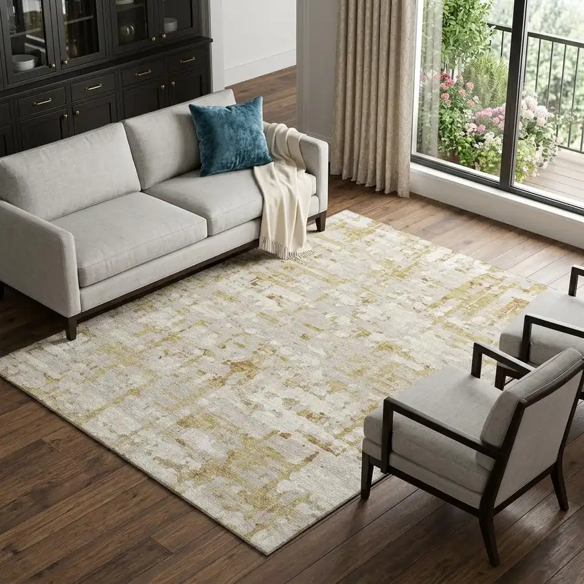 Camel And Ivory Abstract Distressed Washable Area Rug With UV Protection Photo 1