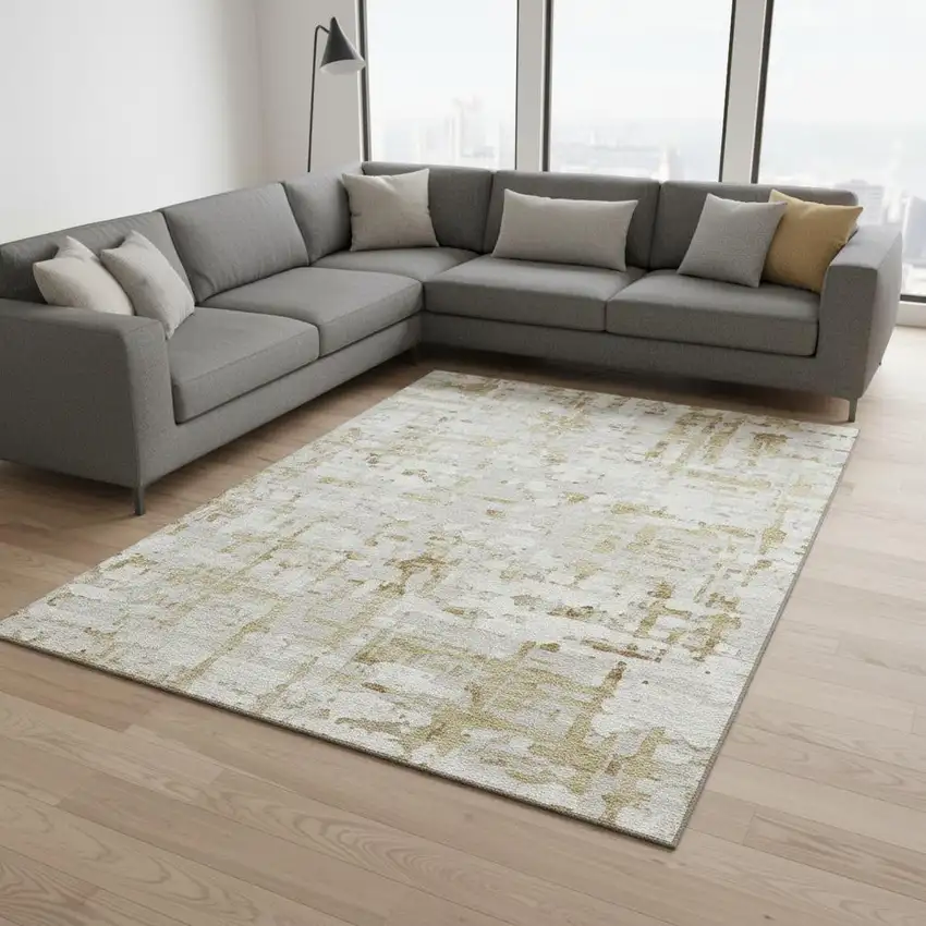 Camel And Ivory Abstract Washable Area Rug With UV Protection Photo 1