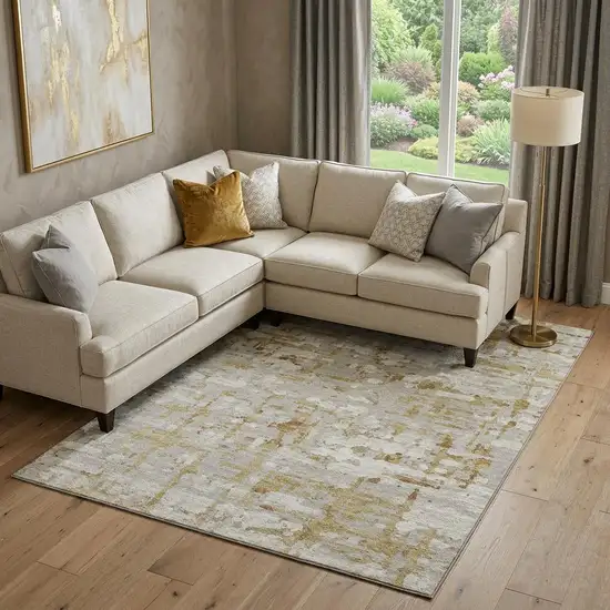 Camel And Ivory Abstract Distressed Washable Area Rug With UV Protection Photo 1