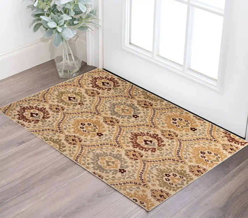 Camel Gray And Rust Floral Stain Resistant Area Rug Photo 1