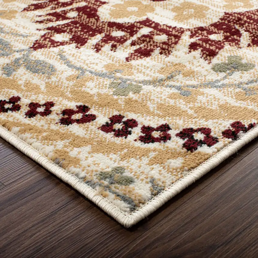 Beige Red And Gray Floral Area Rug Photo 7