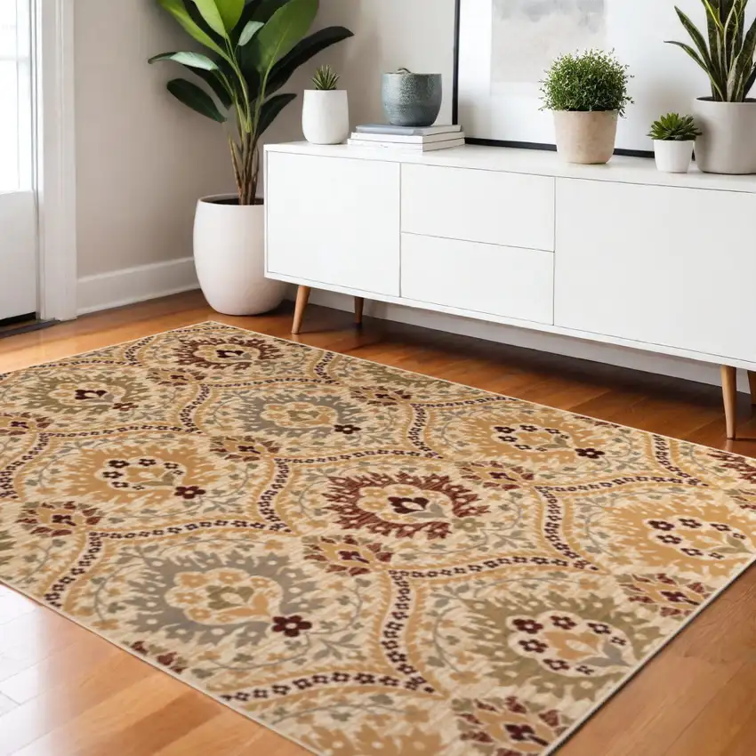 Beige Red And Gray Floral Area Rug Photo 1