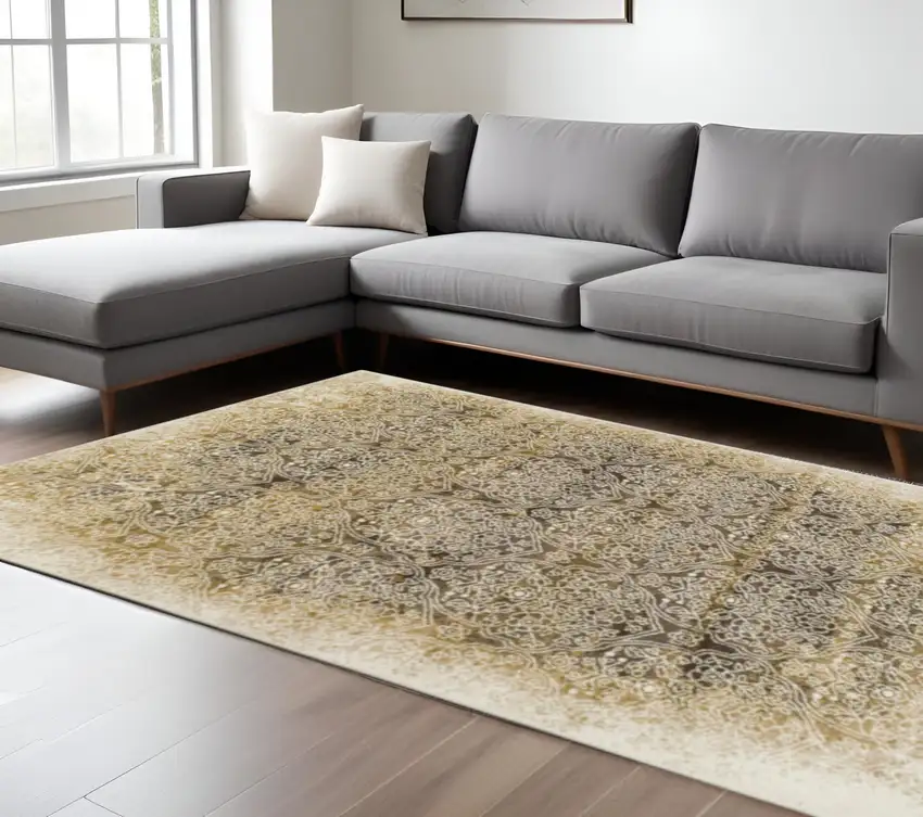 Camel Medallion Stain Resistant Area Rug Photo 1