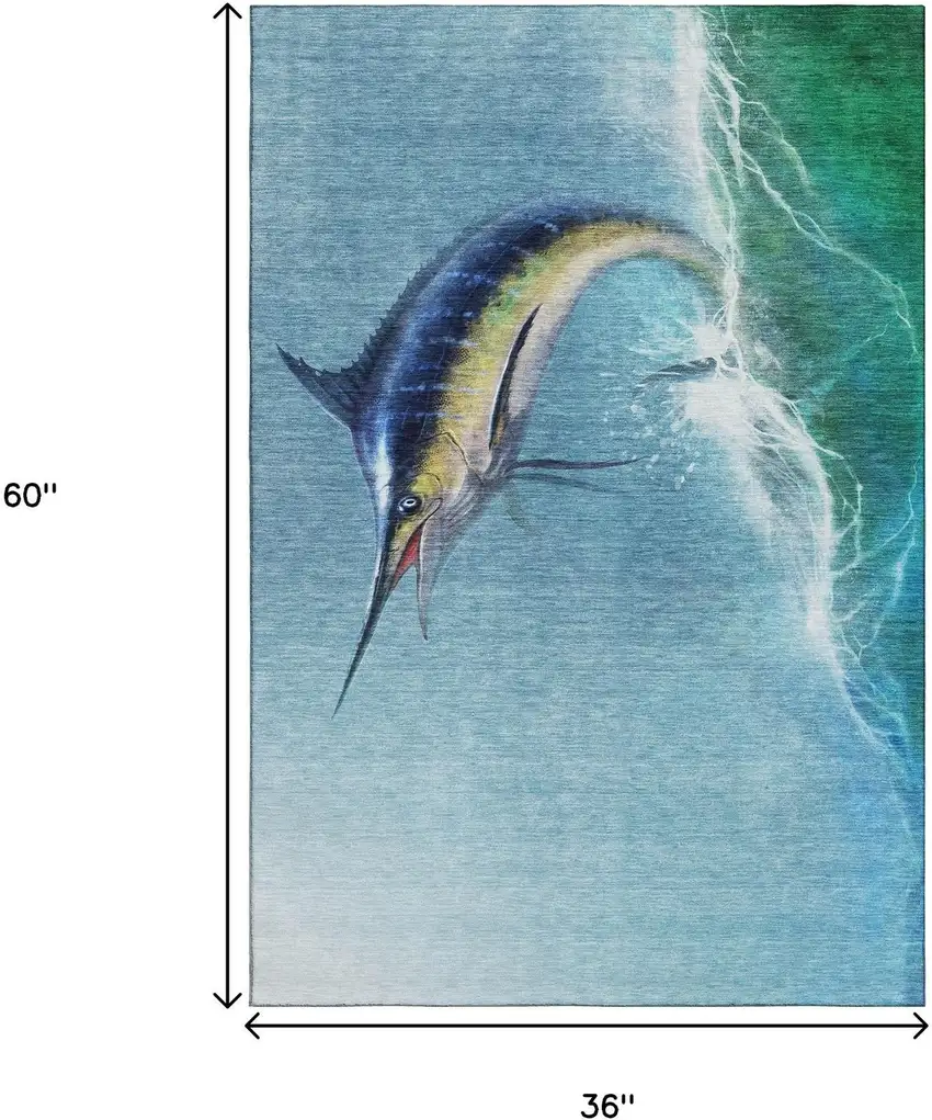 Caribbean Blue Emerald And Beige Nautical Washable Area Rug With UV Protection Photo 3