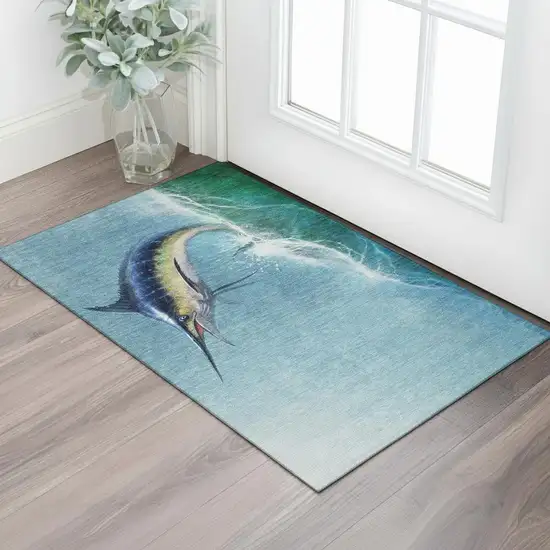 Caribbean Blue Emerald And Beige Nautical Washable Area Rug With UV Protection Photo 1