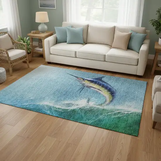 Caribbean Blue Emerald And Beige Nautical Washable Area Rug With UV Protection Photo 1