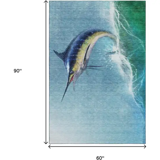 Caribbean Blue Emerald And Beige Nautical Washable Area Rug With UV Protection Photo 3