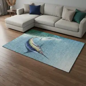 Photo of Caribbean Blue Emerald And Beige Nautical Washable Area Rug With UV Protection