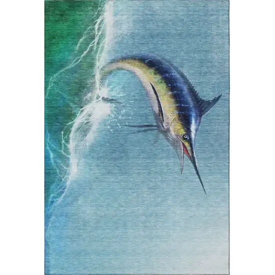 Caribbean Blue Emerald And Beige Nautical Washable Area Rug With UV Protection Photo 4