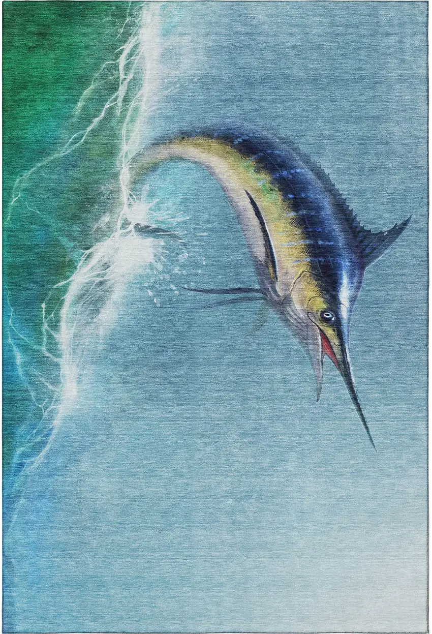 Caribbean Blue Emerald And Beige Nautical Washable Area Rug With UV Protection Photo 4