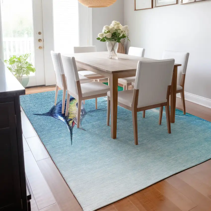Caribbean Blue Emerald And Beige Nautical Washable Area Rug With UV Protection Photo 6