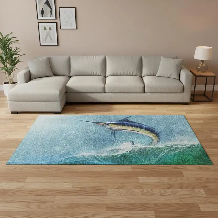 Caribbean Blue Emerald And Beige Nautical Washable Area Rug With UV Protection Photo 1