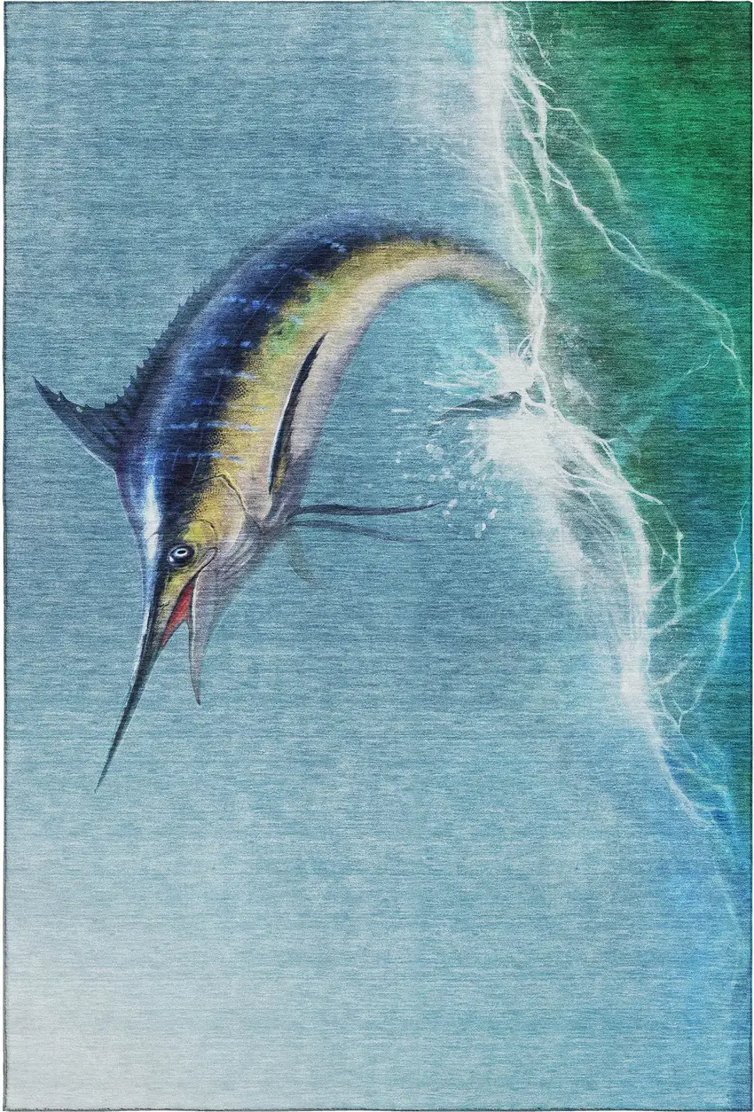 Caribbean Blue Emerald And Beige Nautical Washable Area Rug With UV Protection Photo 2