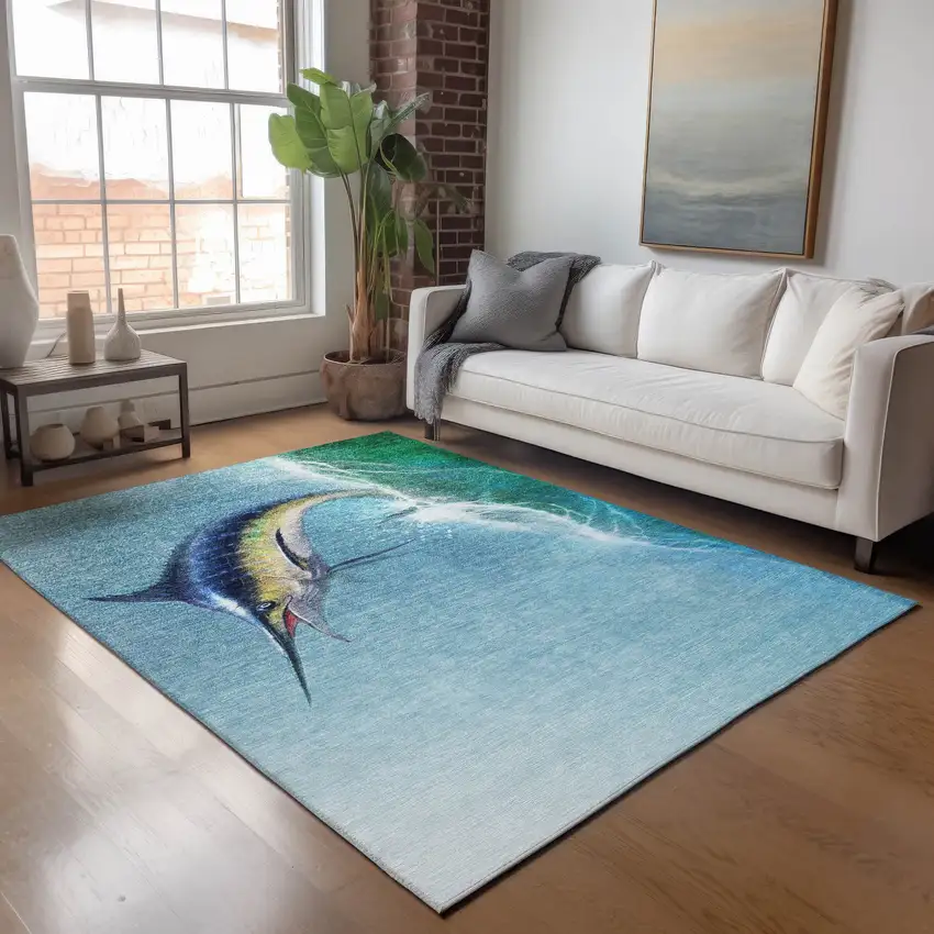 Caribbean Blue Emerald And Beige Nautical Washable Area Rug With UV Protection Photo 4