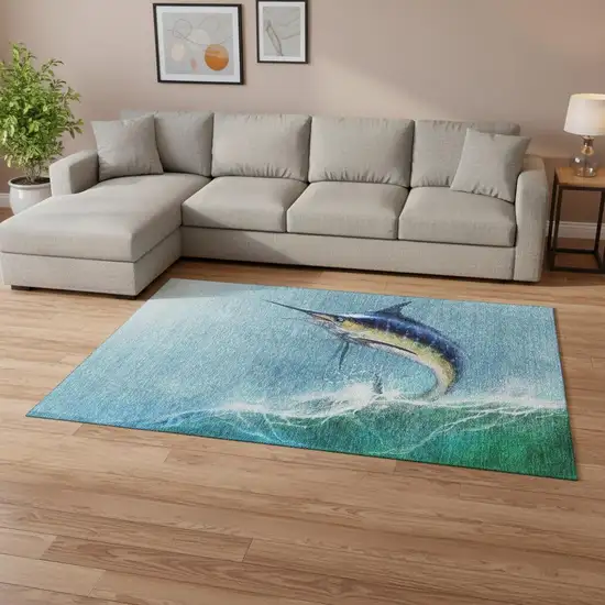 Caribbean Blue Emerald And Beige Nautical Washable Area Rug With UV Protection Photo 1
