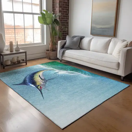 Caribbean Blue Emerald And Beige Nautical Washable Area Rug With UV Protection Photo 4