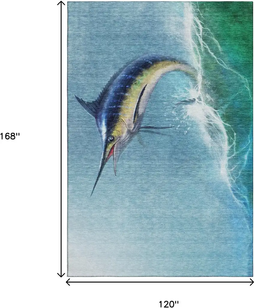 Caribbean Blue Emerald And Beige Nautical Washable Area Rug With UV Protection Photo 3