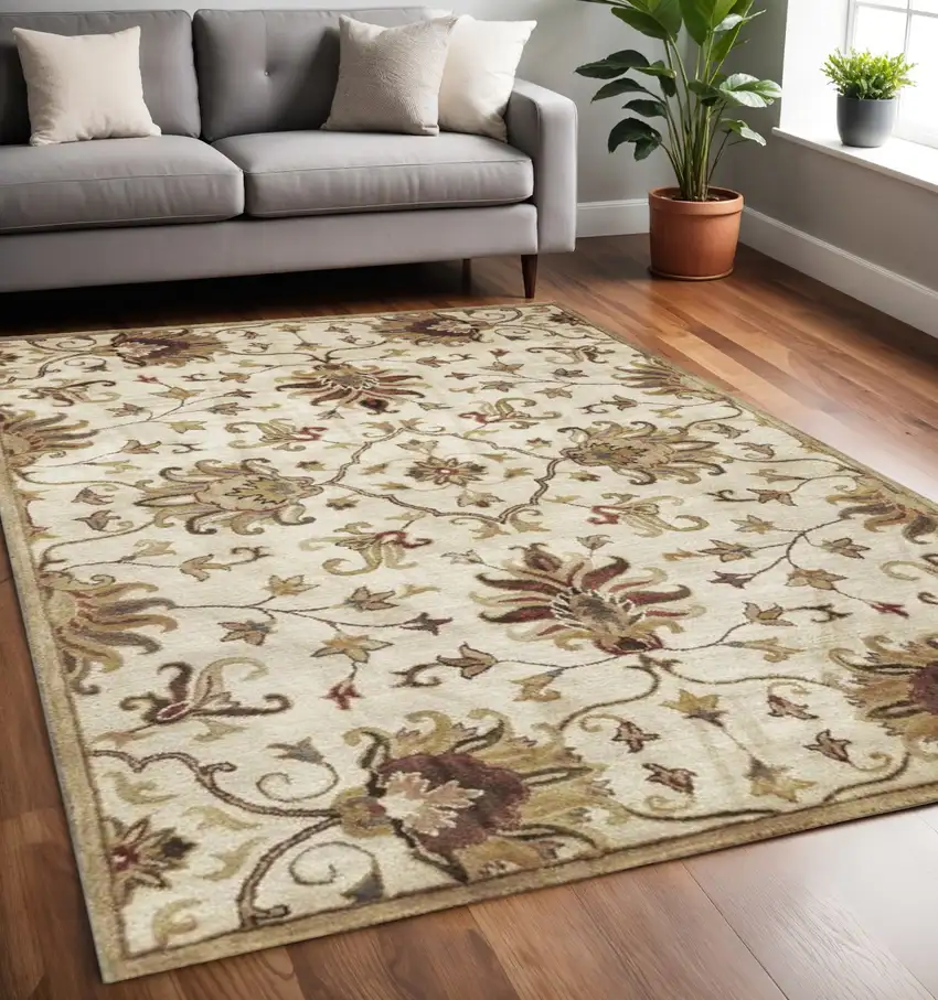 Champagne Red And Brown New Zealand Lambs Wool Floral Medallion Hand Tufted Area Rug Photo 2