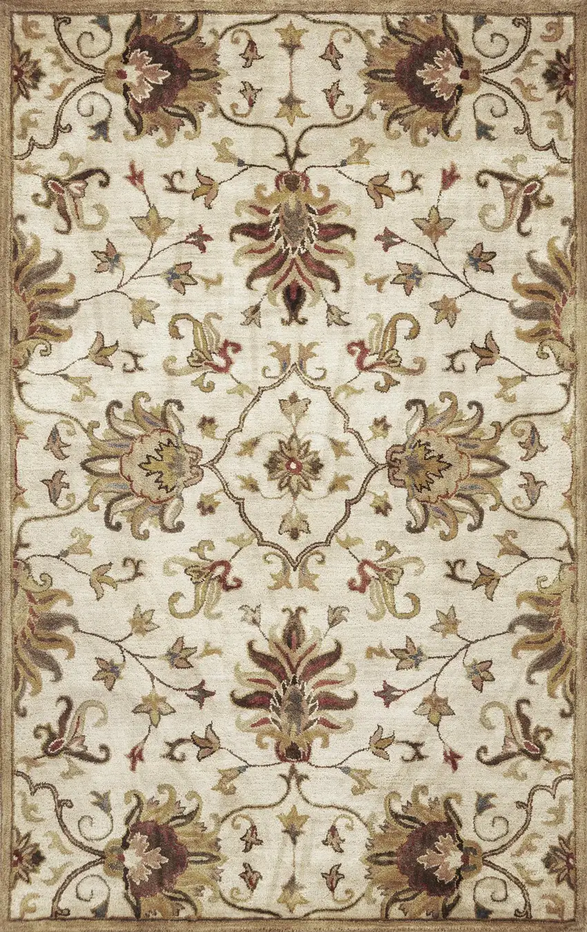 Champagne Red And Brown New Zealand Lambs Wool Floral Medallion Hand Tufted Area Rug Photo 2