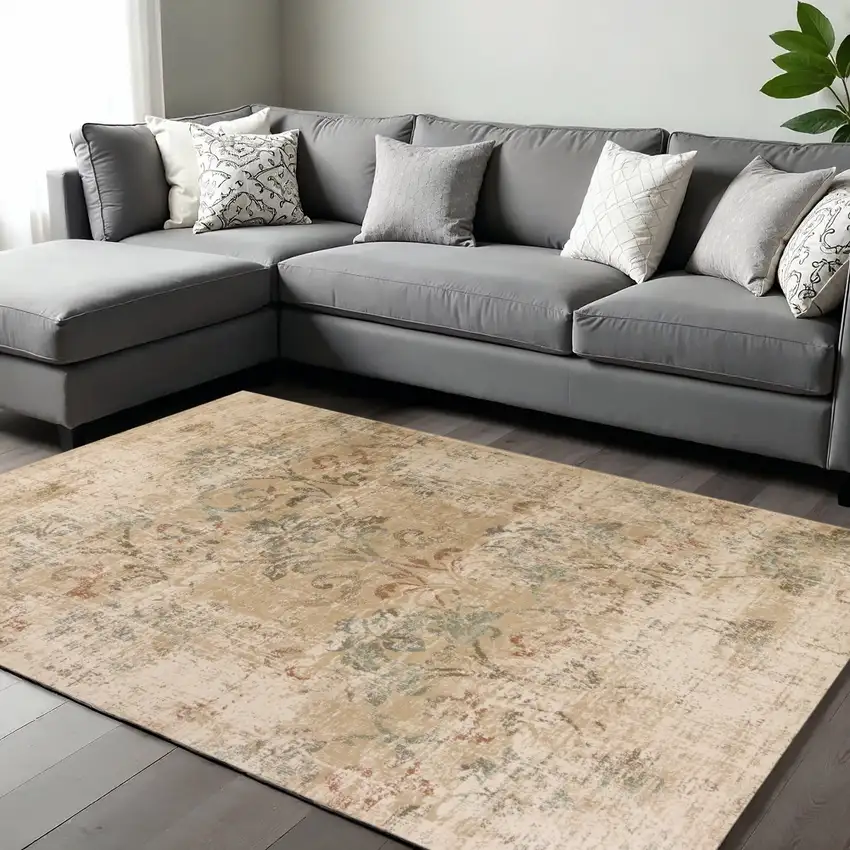 Champagne And Beige Damask Area Rug Photo 1