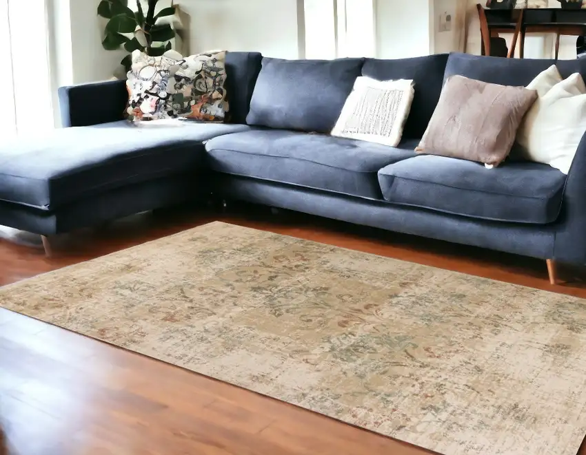 8'X11' Champagne Beige Machine Woven Damask Indoor Area Rug Photo 2