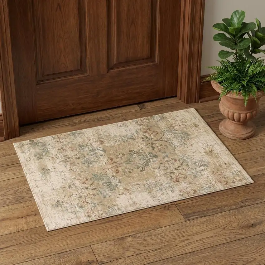 Champagne And Beige Damask Area Rug Photo 1