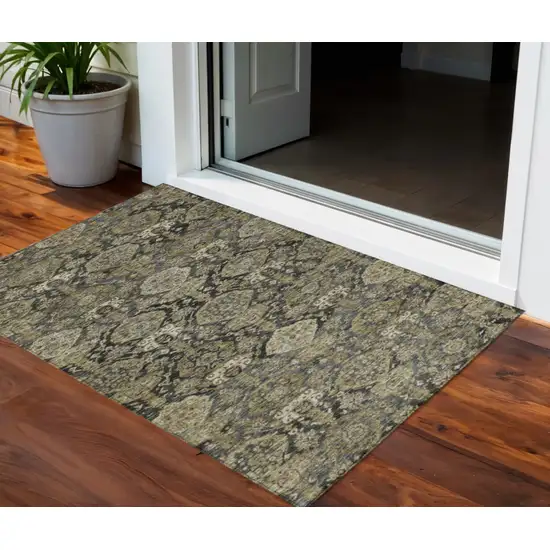 Charcoal And Beige Damask Washable Indoor Outdoor Area Rug Photo 1