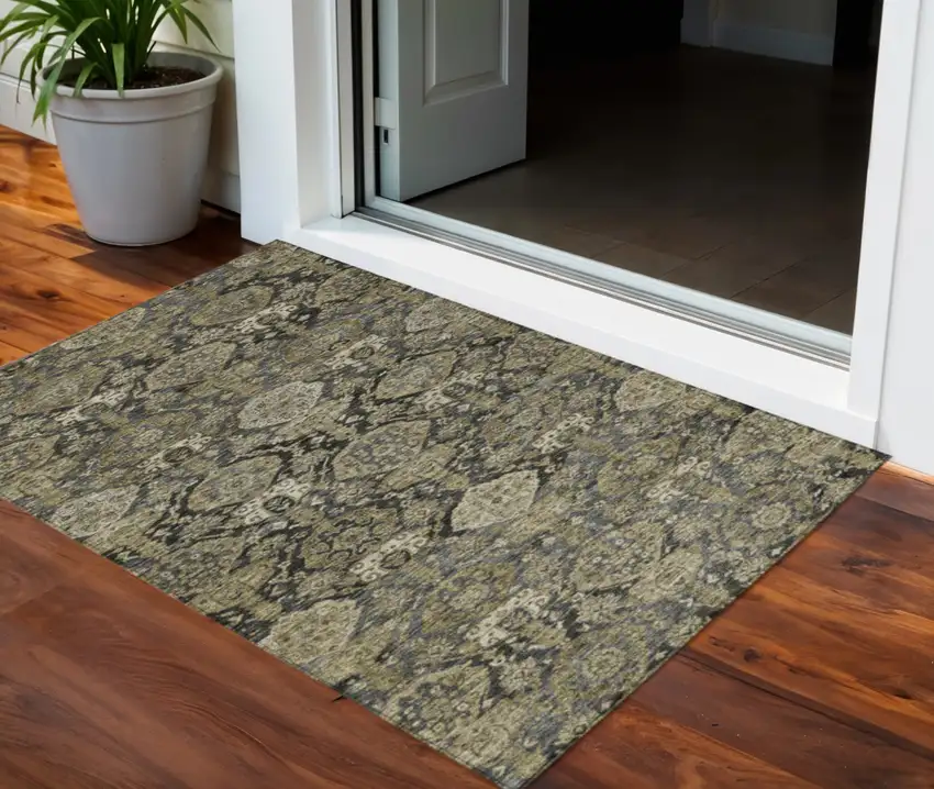 Charcoal And Beige Damask Washable Indoor Outdoor Area Rug Photo 1