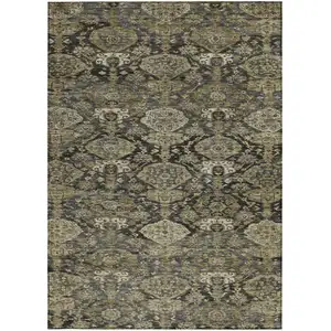 Photo of Charcoal And Beige Damask Washable Indoor Outdoor Area Rug