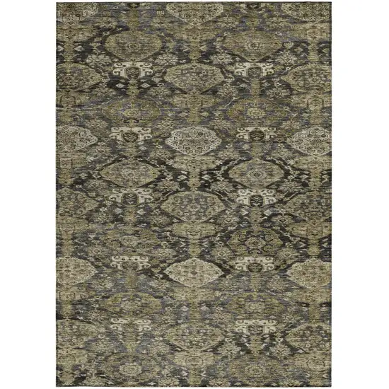 Charcoal And Beige Damask Washable Indoor Outdoor Area Rug Photo 5