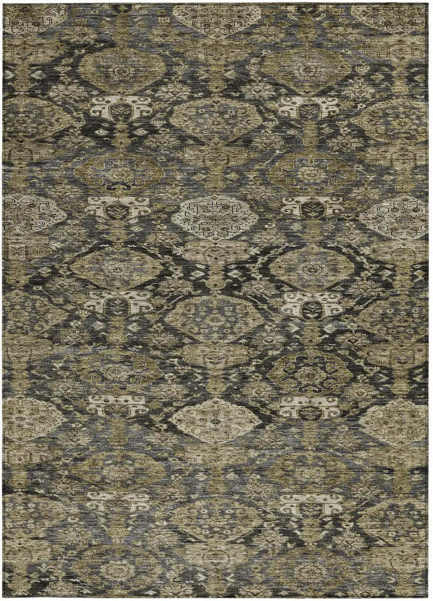 Charcoal And Beige Damask Washable Indoor Outdoor Area Rug Photo 5