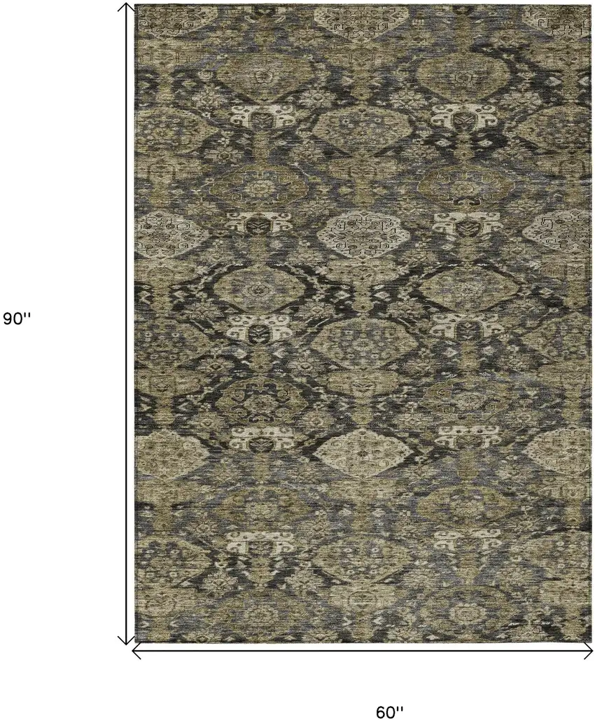 Charcoal And Beige Damask Washable Indoor Outdoor Area Rug Photo 7