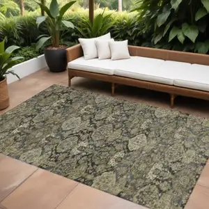 Photo of Charcoal And Beige Damask Washable Indoor Outdoor Area Rug