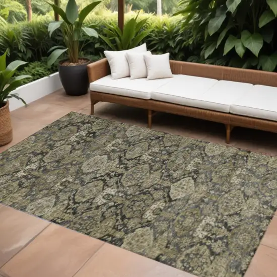 Charcoal And Beige Damask Washable Indoor Outdoor Area Rug Photo 1